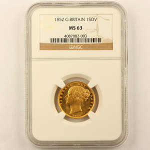 1852 Victoria Sovereign Uncirculated Grade. NGC Mint State 63