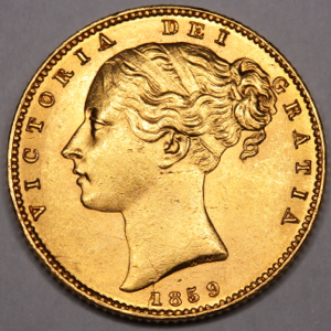 1859 Victoria Sovereign Uncirculated Grade. PCGS Mint State 63