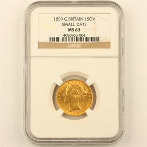 1859 Victoria Sovereign Uncirculated Grade. PCGS Mint State 63