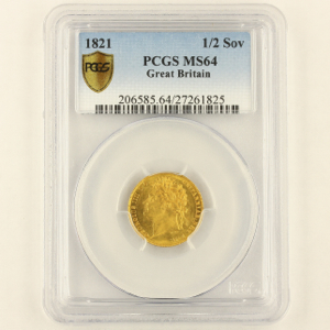 1821 George IV Half Sovereign Uncirculated Grade. PCGS - MS64