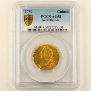 1759 George II Guinea Extremely fine grade. PCGS - AU58