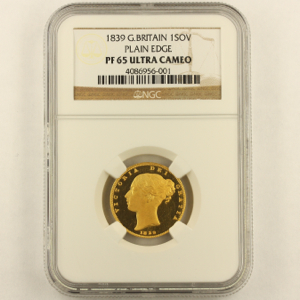 1839 Victoria Proof Sovereign Brilliant uncirculated grade. NGC - PF65
