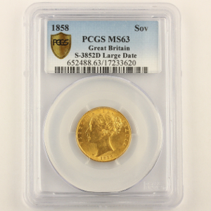 1858 Victoria Sovereign Uncirculated Grade. PCGS - MS63