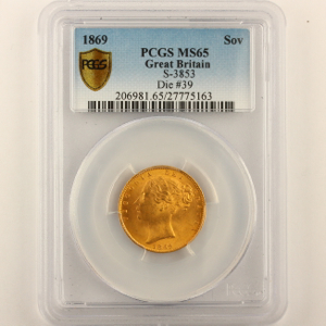 1869 Victoria Sovereign Brilliant Uncirculated. PCGS - MS65