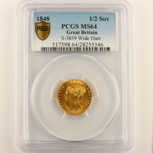 1848 Victoria Half Sovereign Choice Uncirculated. PCGS - MS64