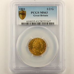 1801 George III Half Guinea Uncirculated Grade. PCGS - MS63