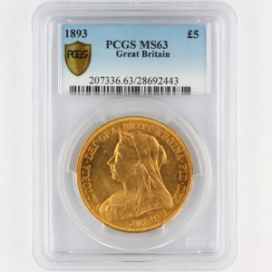 1893 Victoria Old Head £5 Uncirculated Grade. PCGS - MS63