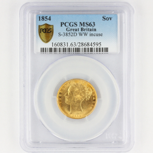 1854 Victoria Sovereign Uncirculated Grade. PCGS - MS63