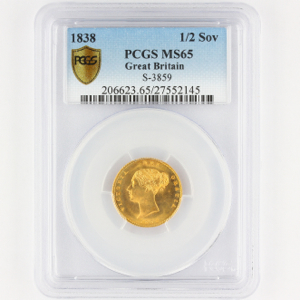 1838 Victoria Half Sovereign Brilliant Uncirculated. PCGS - MS65