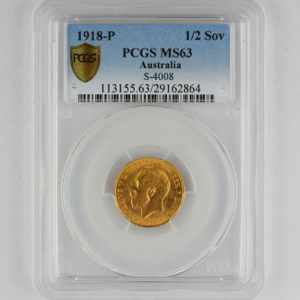 1918 George V Half Sovereign Uncirculated Grade. PCGS - MS63