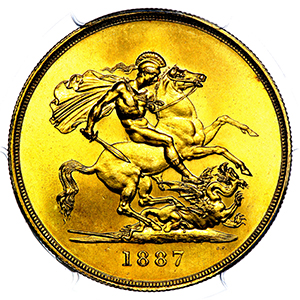 1887 Victoria Five Pounds Brilliant Uncirculated. PCGS - MS65