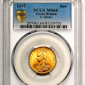 1892 Victoria Jubilee Head Sovereign Choice uncirculated grade. PCGS - MS64