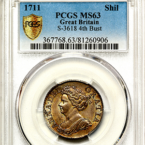 1711 Anne Shilling Uncirculated grade. PCGS - MS63