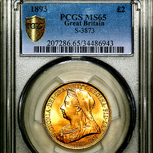 1893 Victoria Old Head £2 Brilliant Uncirculated. PCGS - MS65