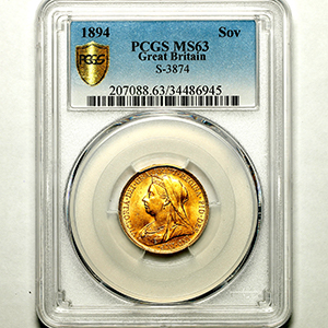 1894 Victoria Old Head Sovereign Uncirculated. PCGS - MS63