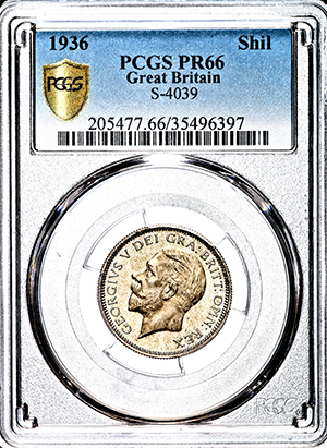 1936 George V Proof Shilling Practically FDC. PCGS - PR66