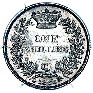 1863 Victoria Shilling Choice Uncirculated. PCGS - MS64