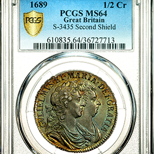 1689 William and Mary Halfcrown Choice uncirculated. PCGS - MS64