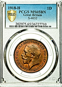 1918 George V Penny Brilliant Uncirculated. PCGS - MS65BN