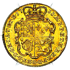 1733 George II Guinea Uncirculated grade. PCGS - Mint State 63