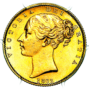 1862 Victoria Sovereign Uncirculated grade. PCGS - Mint State 63