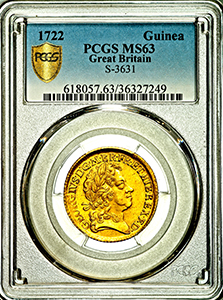 1722 George I Guinea Uncirculated grade. PCGS - Mint State 63