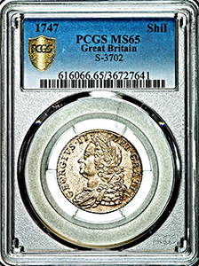 1747 George II Shilling Brilliant uncirculated. PCGS - MS65