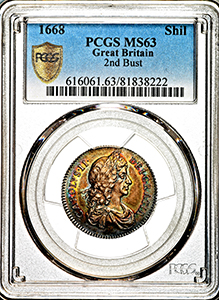 1668 Charles II Shilling Uncirculated grade. PCGS - Mint State 63