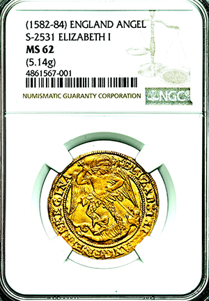 1582-1584 Elizabeth I Angel Practically Uncirculated. NGC - MS62