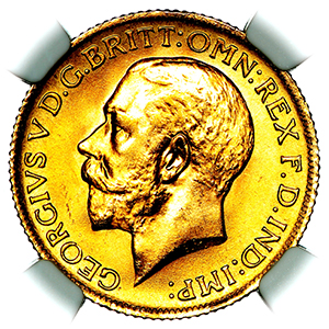 1915 George V Sovereign Brilliant uncirculated. NGC - MS65