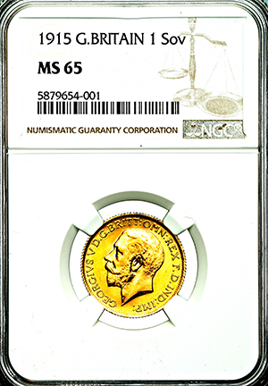 1915 George V Sovereign Brilliant uncirculated. NGC - MS65