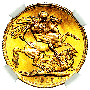 1915 George V Sovereign Brilliant uncirculated. NGC - MS65