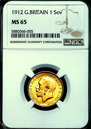 1912 George V Sovereign Brilliant uncirculated. NGC - MS65