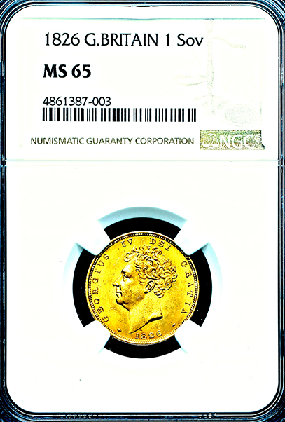 1826 George IV Sovereign Brilliant uncirculated. NGC - MS65