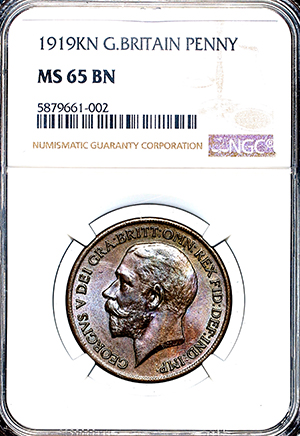 1919 George V Penny Uncirculated grade. NGC - MS65 BN