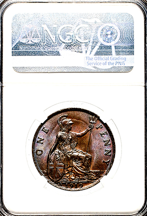 1919 George V Penny Uncirculated grade. NGC - MS65 BN