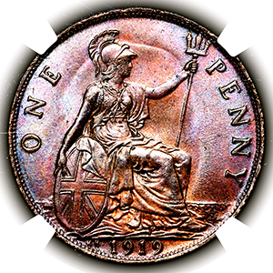 1919 George V Penny Uncirculated grade. NGC - MS65 BN