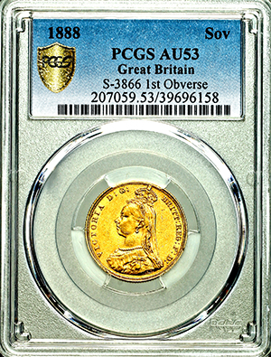 1888 Victoria Jubilee Head Sovereign PCGS - AU53