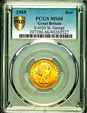 1968 Elizabeth II Sovereign Brilliant uncirculated. PCGS - MS66