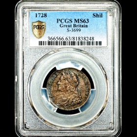 1728 George II Shilling Uncirculated. PCGS - MS63