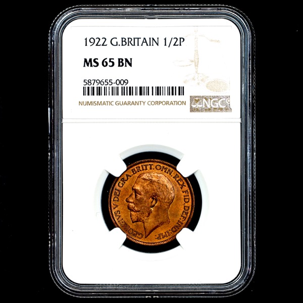 1922 George V Halfpenny Brilliant Uncirculated. NGC - MS65 BN