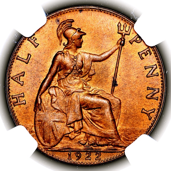 1922 George V Halfpenny Brilliant Uncirculated. NGC - MS65 BN