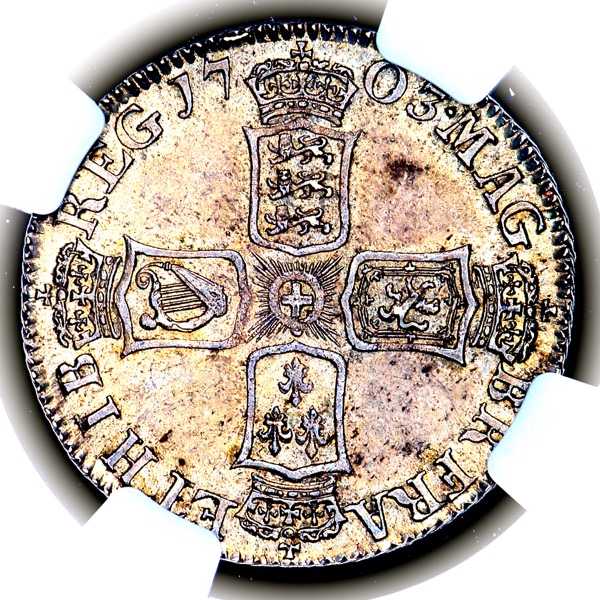 1703 Anne Shilling Uncirculated. NGC - MS63