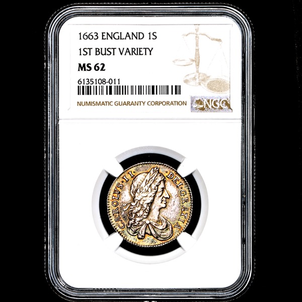 1663 Charles II Shilling Practically uncirculated. NGC - MS62