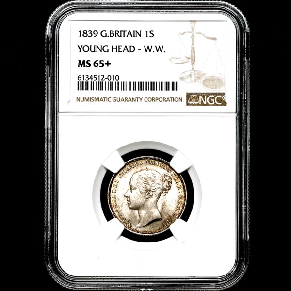 1839 Victoria Shilling Brilliant Uncirculated. NGC - MS65+