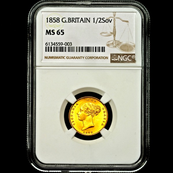 1858 Victoria Half Sovereign Brilliant Uncirculated. NGC - MS65