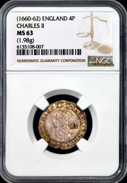 1660-1662 Charles II Fourpence Uncirculated grade. NGC - MS63