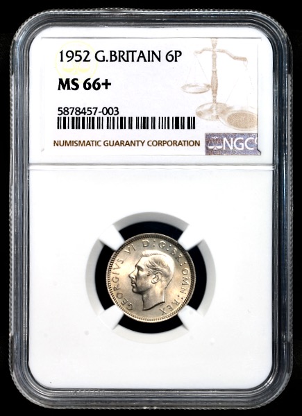 1952 George VI Sixpence Brilliant Uncirculated. NGC - MS66+