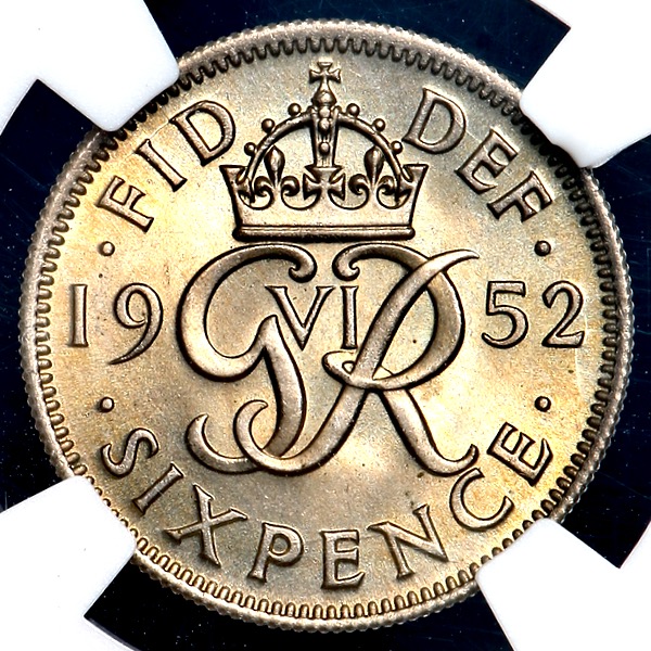 1952 George VI Sixpence Brilliant Uncirculated. NGC - MS66+