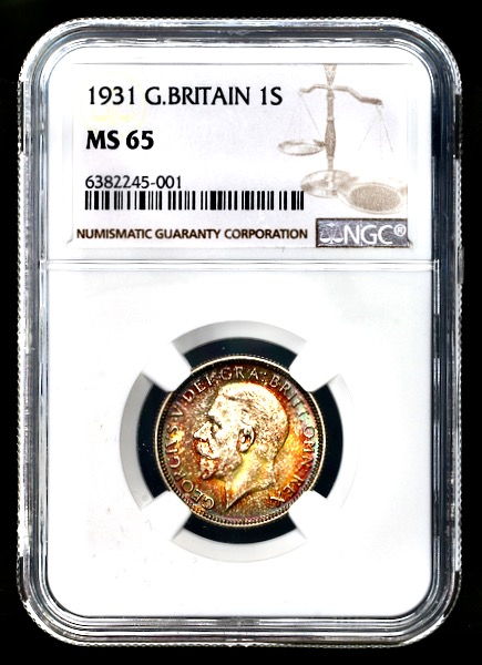 1931 George V Shilling Brilliant uncirculated. NGC - MS65